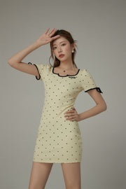 Heart Dot Patten Ribbon Sleeves Mini Dress