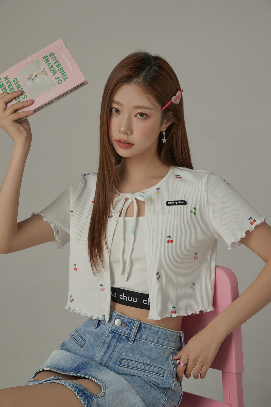 CHUU Cherry Ribbon Tie Short Sleeve Cardigan