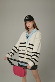 Lettering Striped Knit Cardigan