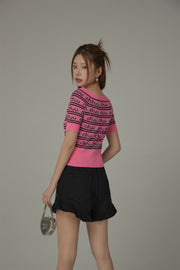 Cherry One Word Short Sleeved Knitted Slim Sweater