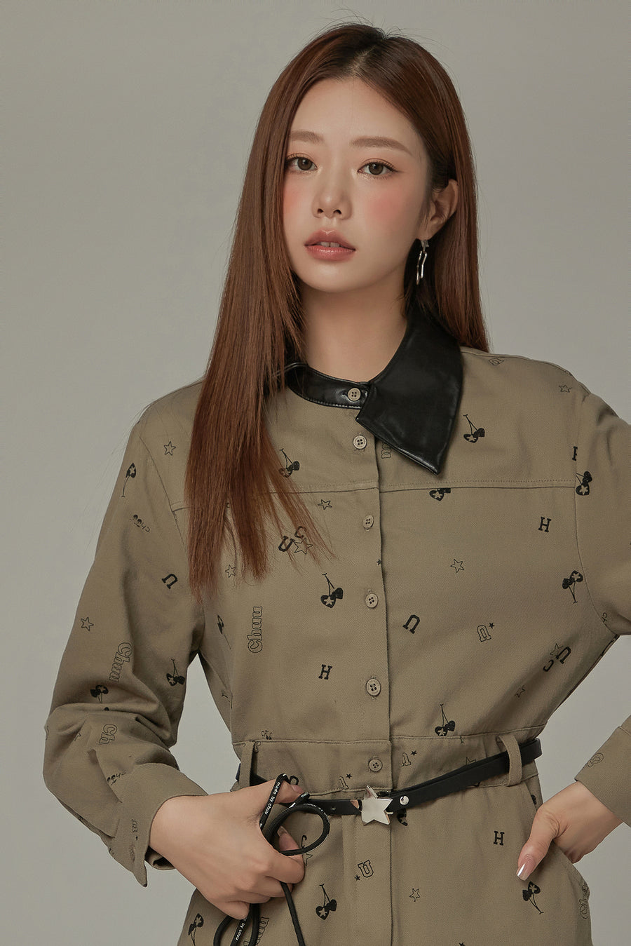 CHUU Leather Collar Long Sleeve Dress