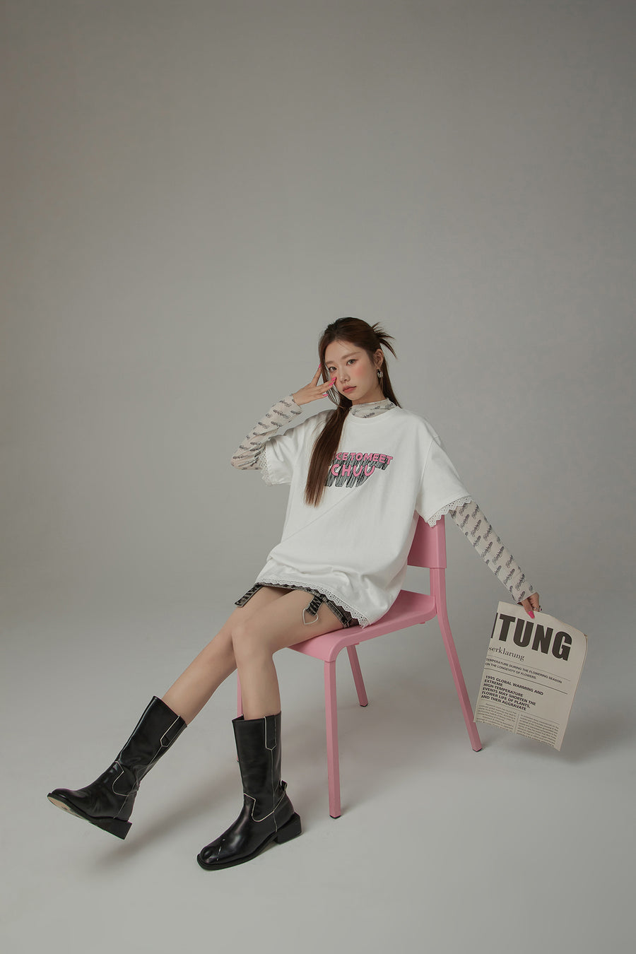 CHUU Logo Lace Loose Fit T-Shirt