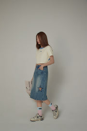 Hollow Star Washed Denim Medium Length Skirt