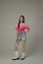 Gradient Short Sleeve Ribbon Tie Up Crop T-Shirt