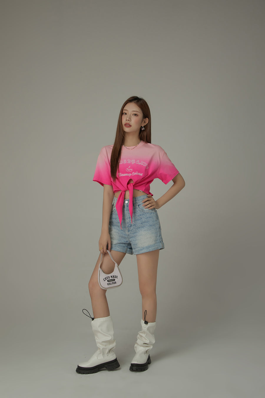 CHUU Gradient Short Sleeve Ribbon Tie Up Crop T-Shirt