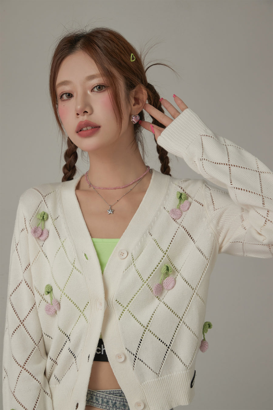 CHUU Argyle Knit Cherry Button Cardigan