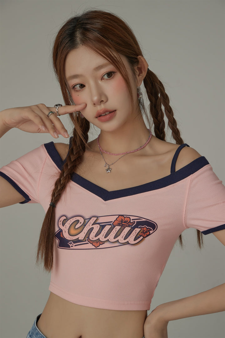 Chuu Lettering Off-The-Shoulder Crop T-Shirt