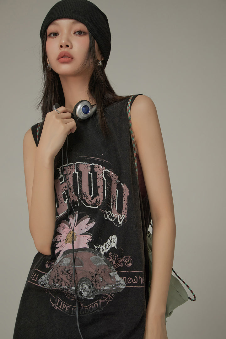 Vintage Oversized Chuu Printed Car Sleeveless T-Shirt