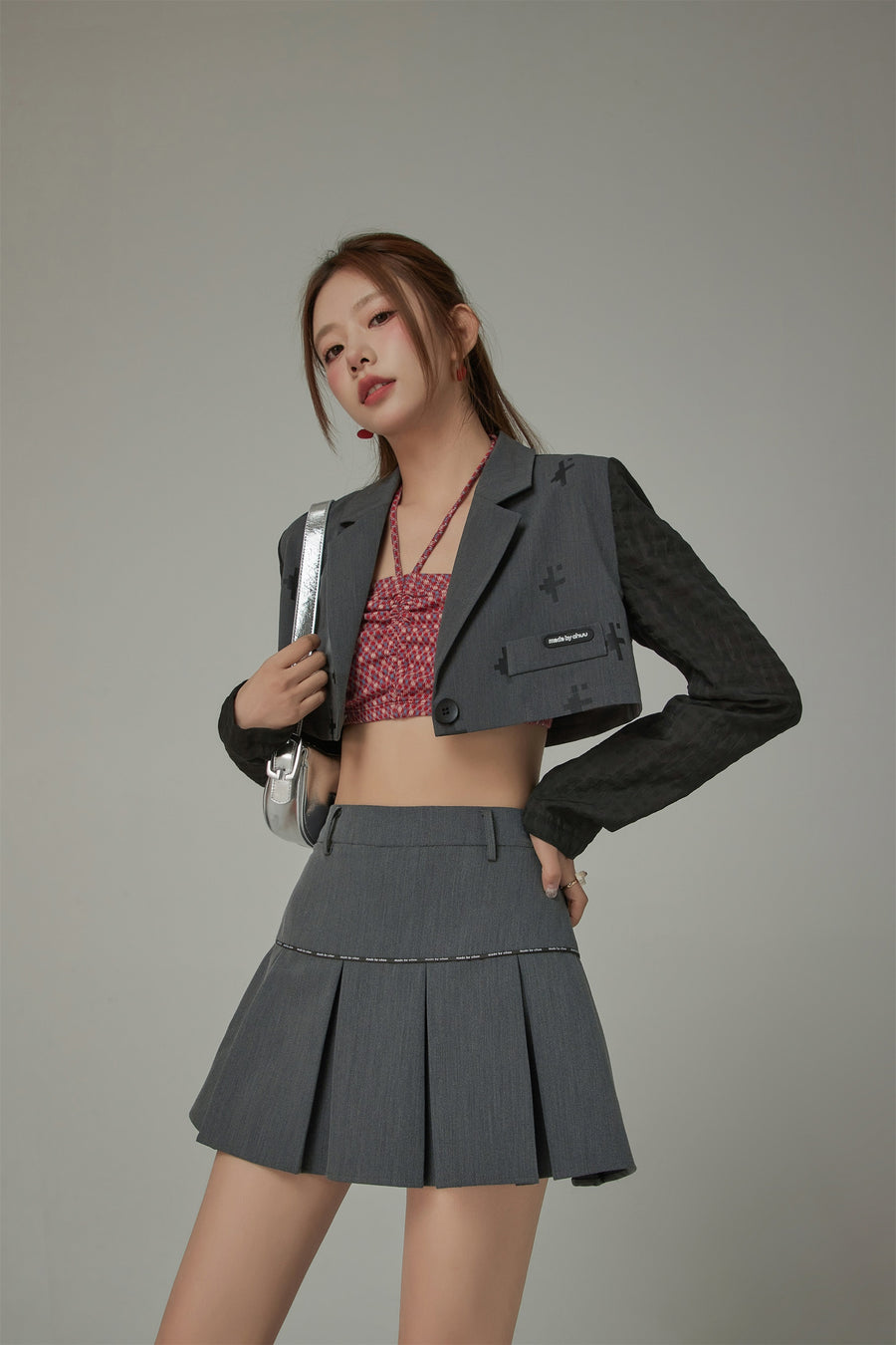 CHUU Pixel Print One-Button Cropped Jacket