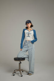 Lined Stitch Wide Denim Pants