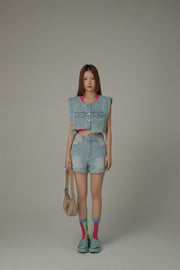 Unbalanced Sleeveless Raw Hem Denim Vest