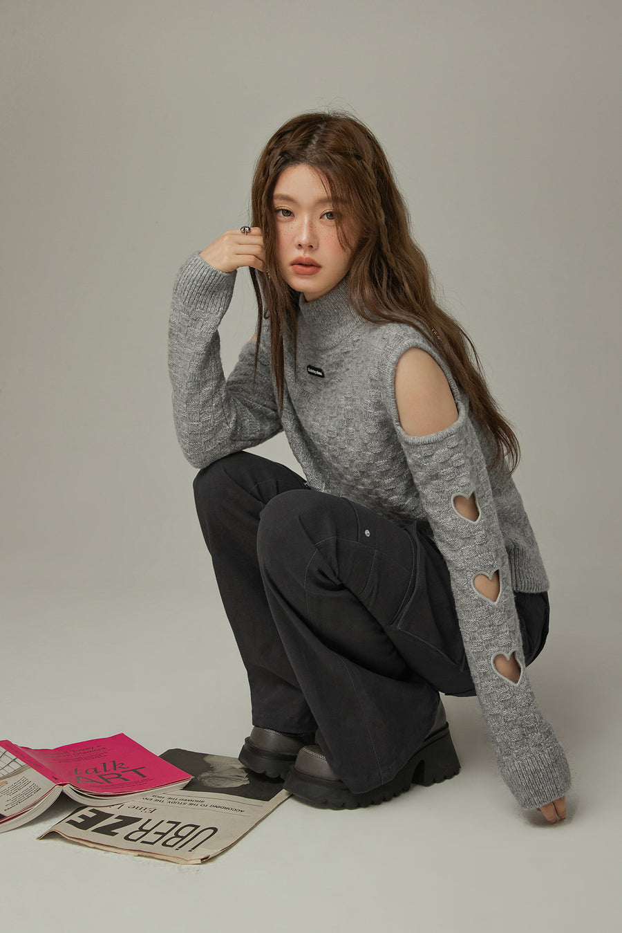 CHUU Off-Shoulder Heart Cut Out Knit Sweater