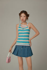 Stripe Split Sleeveless Cut Out Top