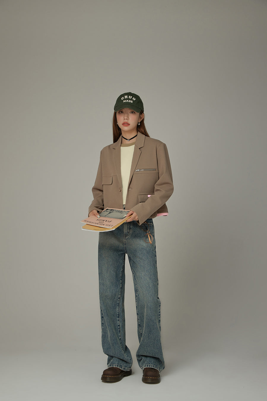 CHUU Color Matching Folded Waist Wide Denim Jeans