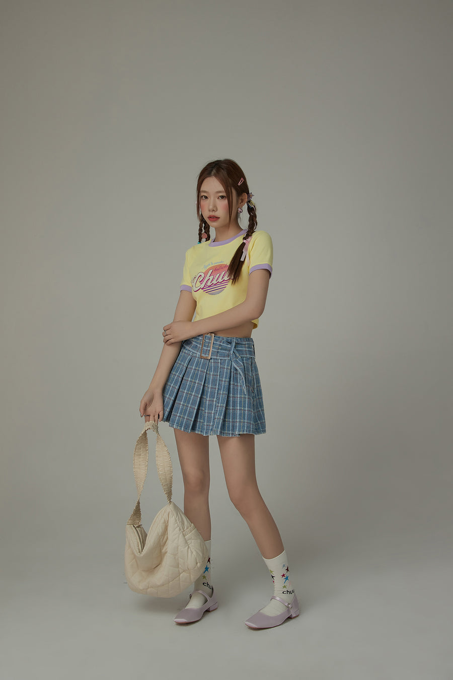 CHUU Check Pleated Big Belt Mini Skirt