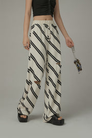 Diagonal Striped Leg Slits Training Wide Pants