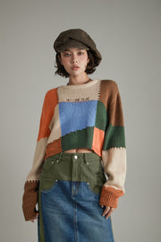 Color Patchwork Crop Knit Sweater