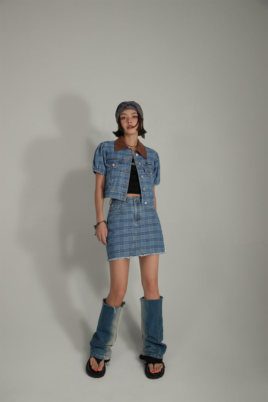 CHUU Vintage Check Puffy Short Sleeve Denim Jacket