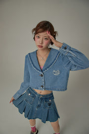 Embroidered Raw Edge Logo Sailor Denim Jacket