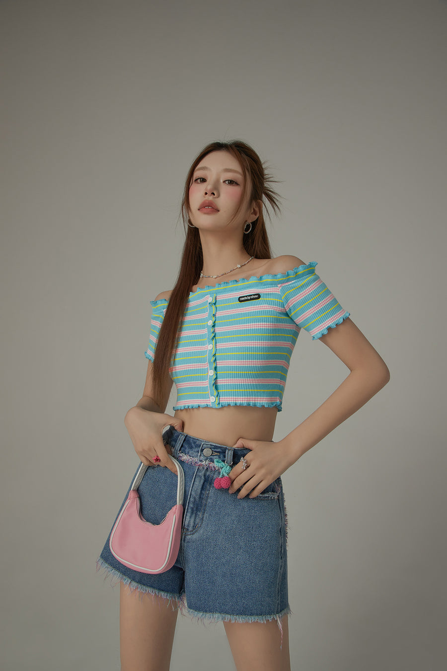 CHUU Ruffled Off The Slim Fit Crop Shoulder T-Shirt