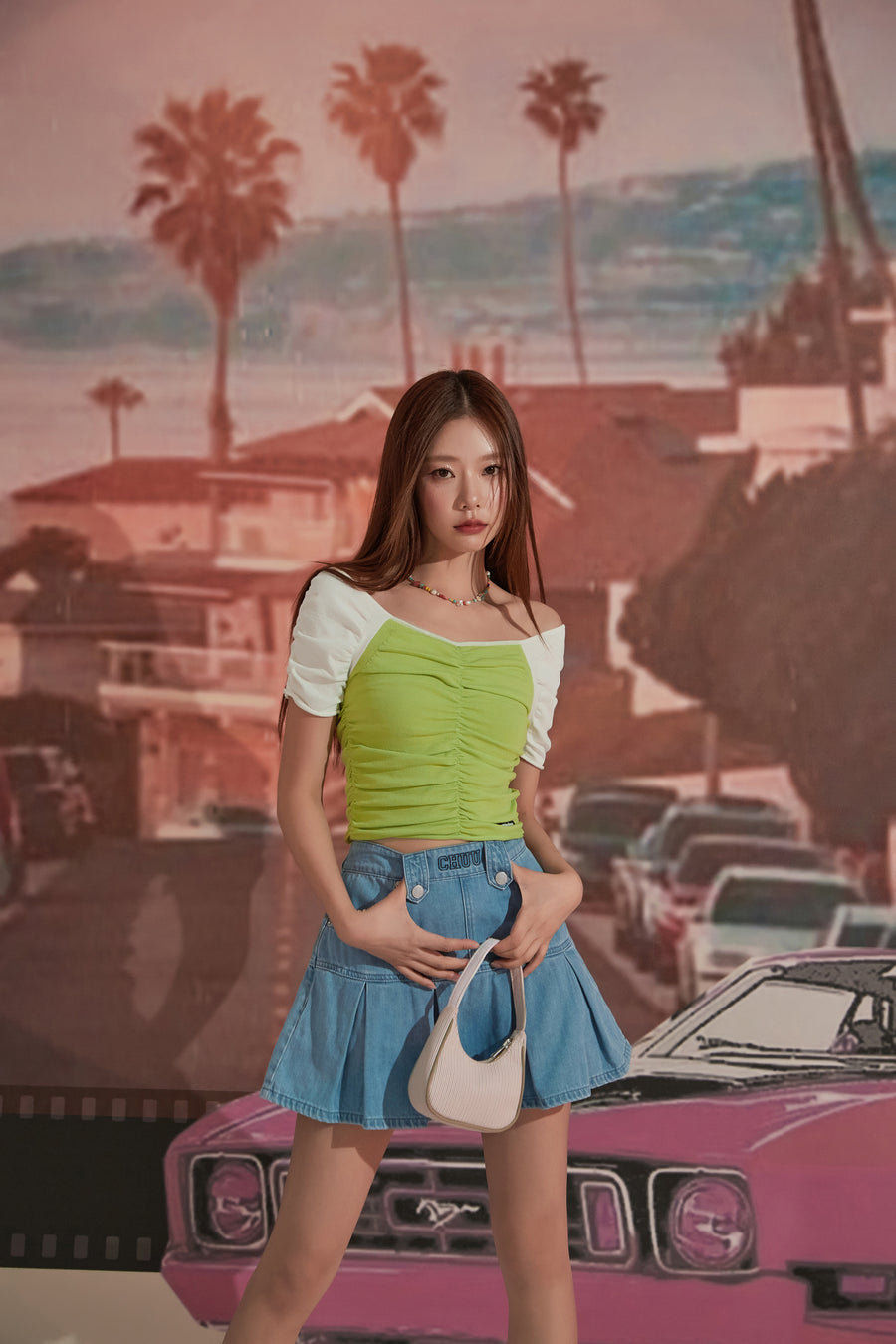 CHUU Off The Shoulder Shirred Knit Top