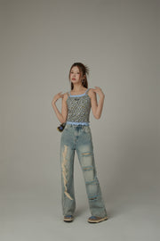 Cotton Distressed Denim Straight Leg Jeans