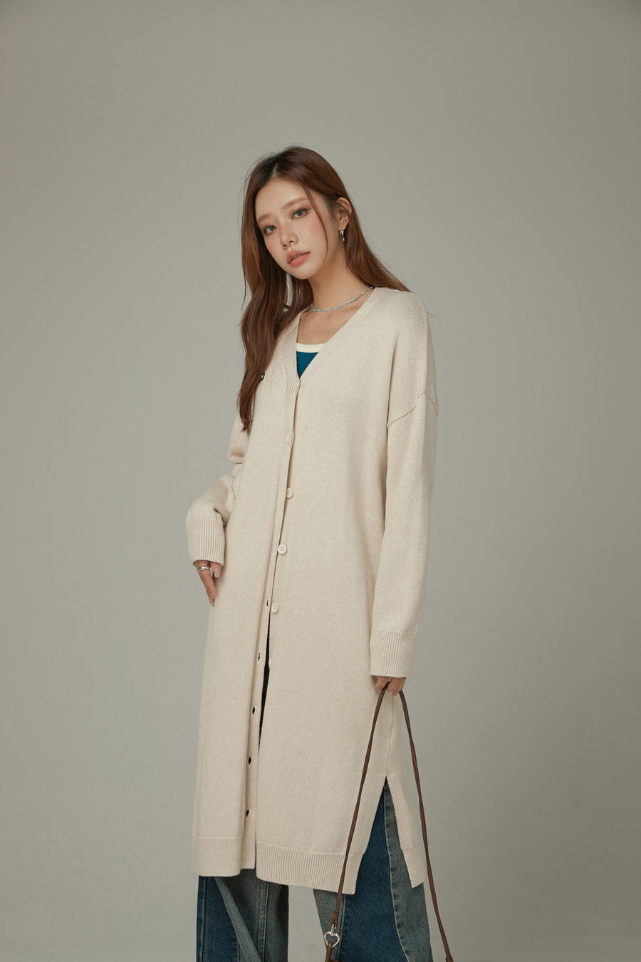 CHUU Slit Wrap Button Knit Long Cardigan