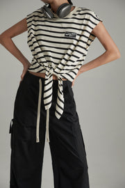 Striped Front Tie Loose Fit Sleeveless T-Shirt