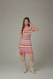 Rainbow Stripe Lettering Ruffle Hem Knit Dress