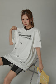 Chuu Babe Club Cat Faces Pattern Line Color Blocked T-Shirt