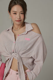 One-Shoulder Cut Out Check Tie-Up Shirt