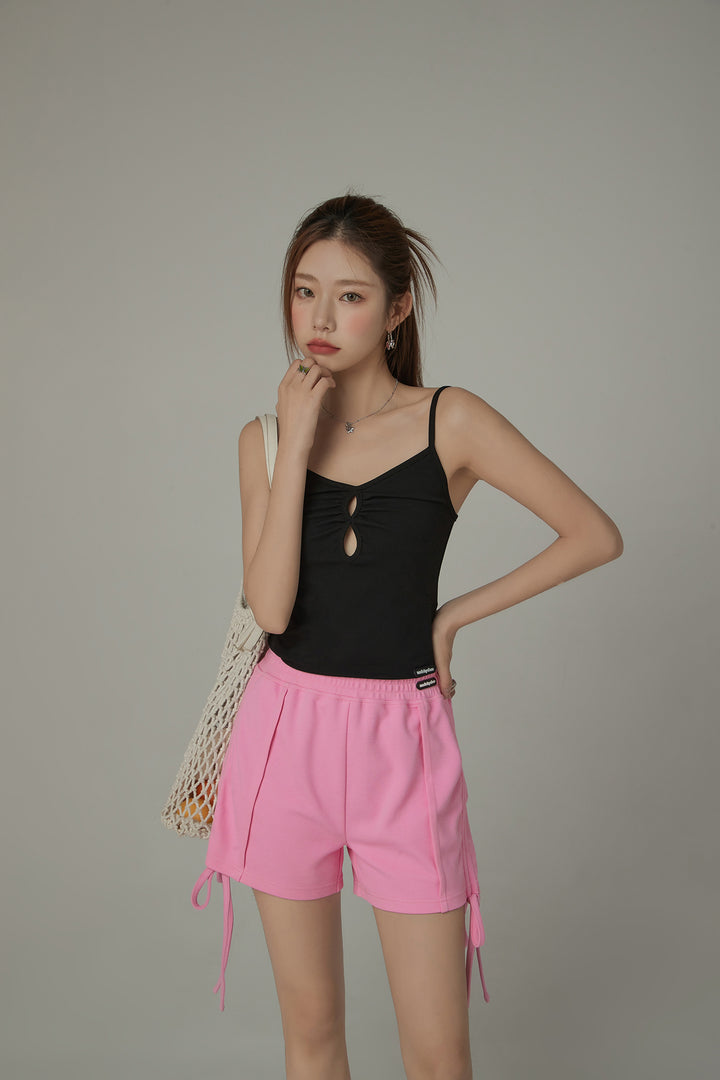 Color Shirred Keyhole Sleeveless Top