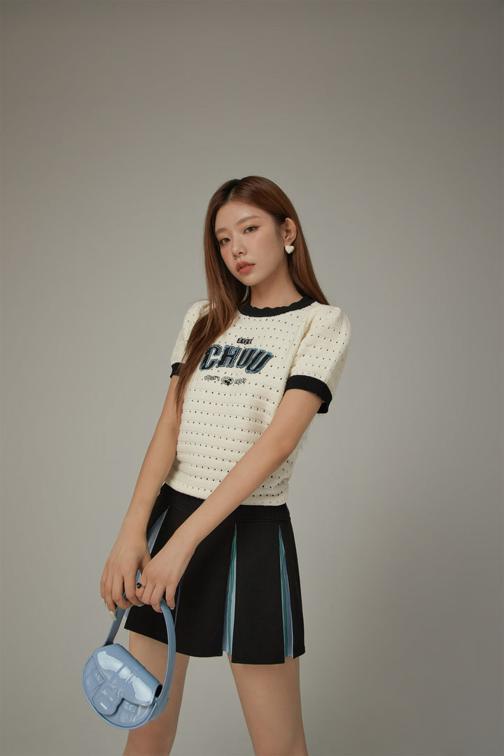 Size Doesnt Matter Color Hole Pattern Preppy Logo Knit Top