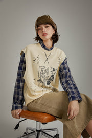 Music Distressed Printed Loose Vest