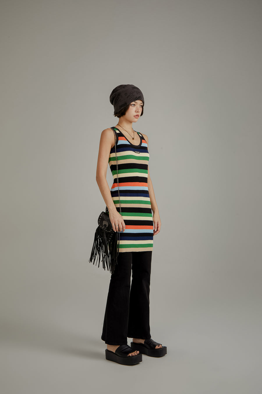 CHUU Color Contrast Striped Sleeveless Knit Dress