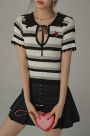 Stripe Ribbon Keyhole Knit Top