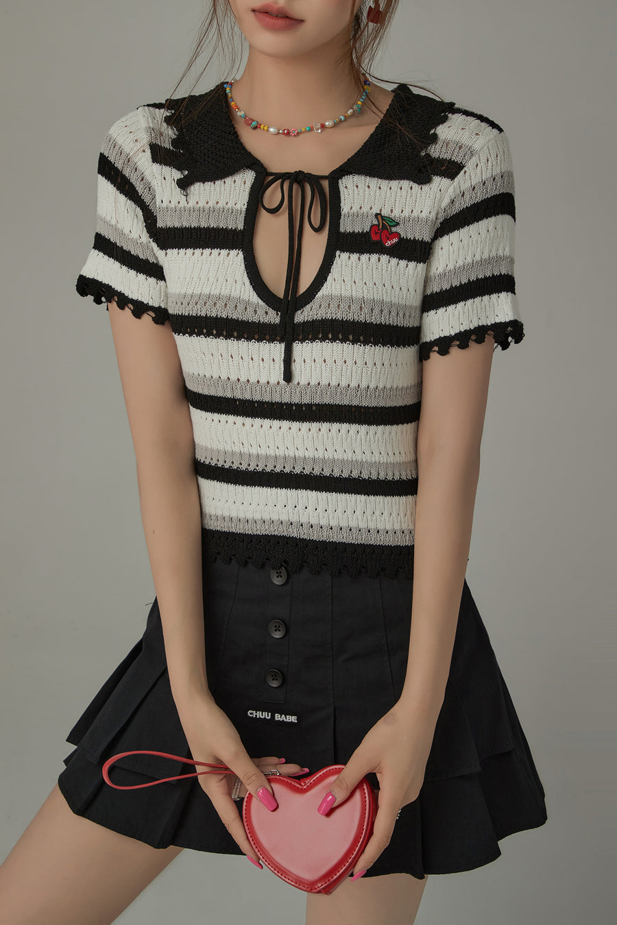 CHUU Stripe Ribbon Keyhole Knit Top