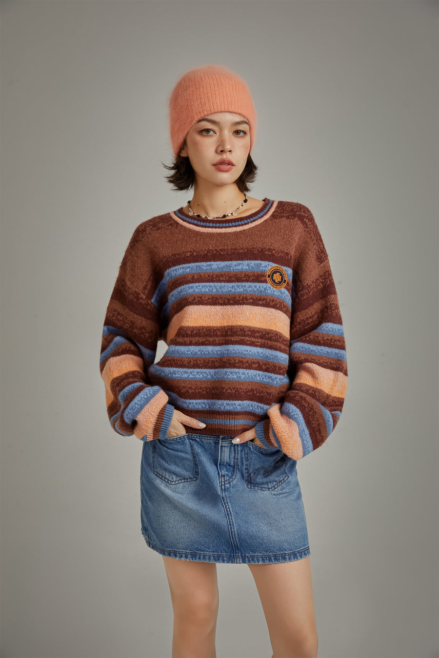 CHUU Logo Striped Loose Fit Knit Sweater