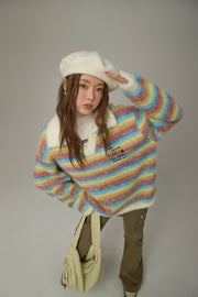 Collar Rainbow Stripe Knit Sweater