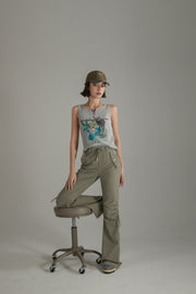 String Shirring Bootcut Cargo Style Pants