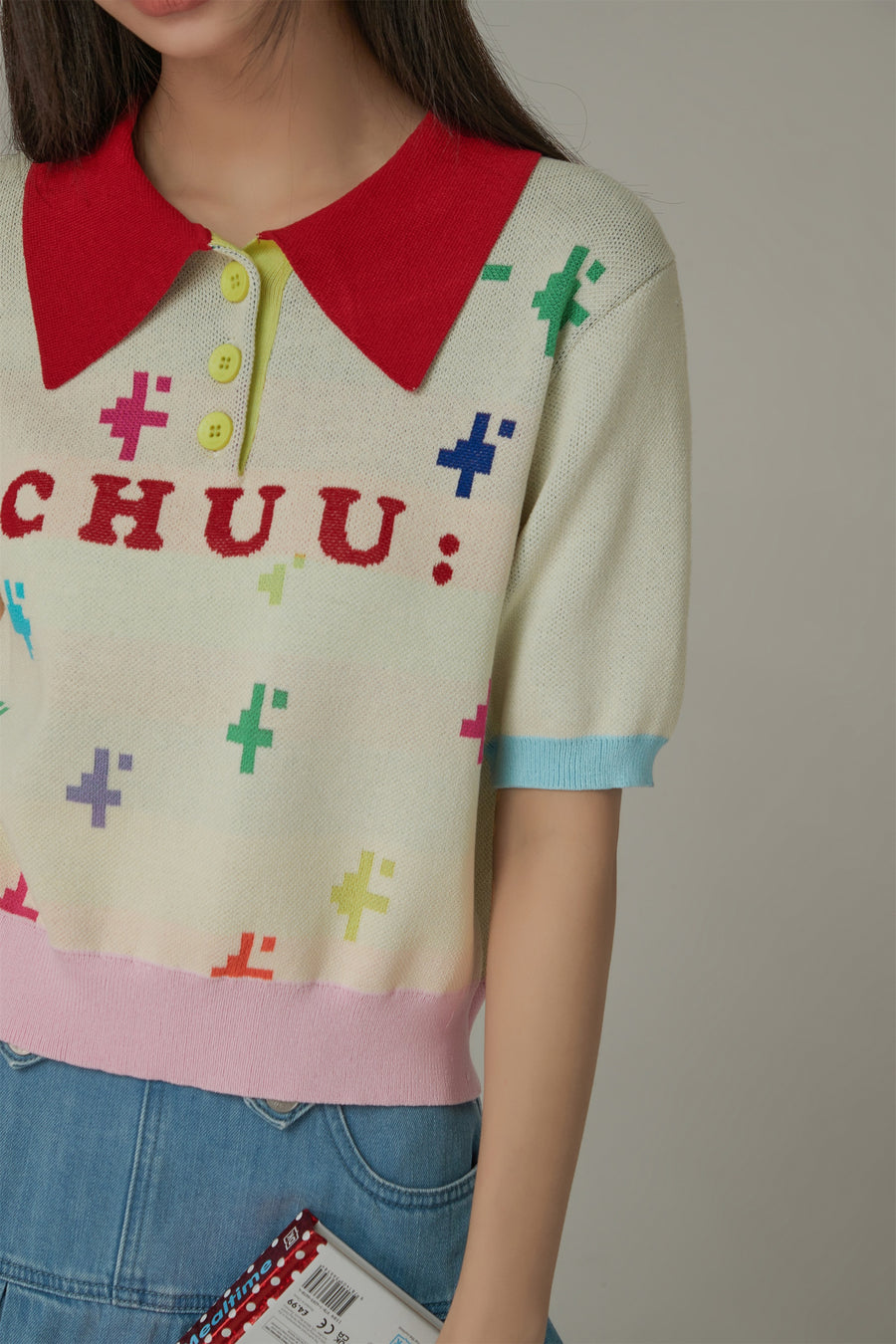 CHUU Polo Neck Color Blocked Multi-Color Pixel Block Pattern Knit Top