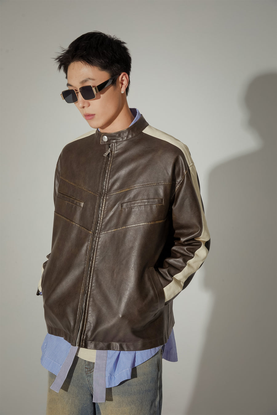 CHUU Color Combination Biker Leather Jacket