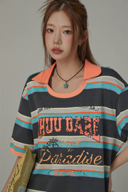 Chuu Babe Color Neck Line Stripe Loose Fit T-Shirt