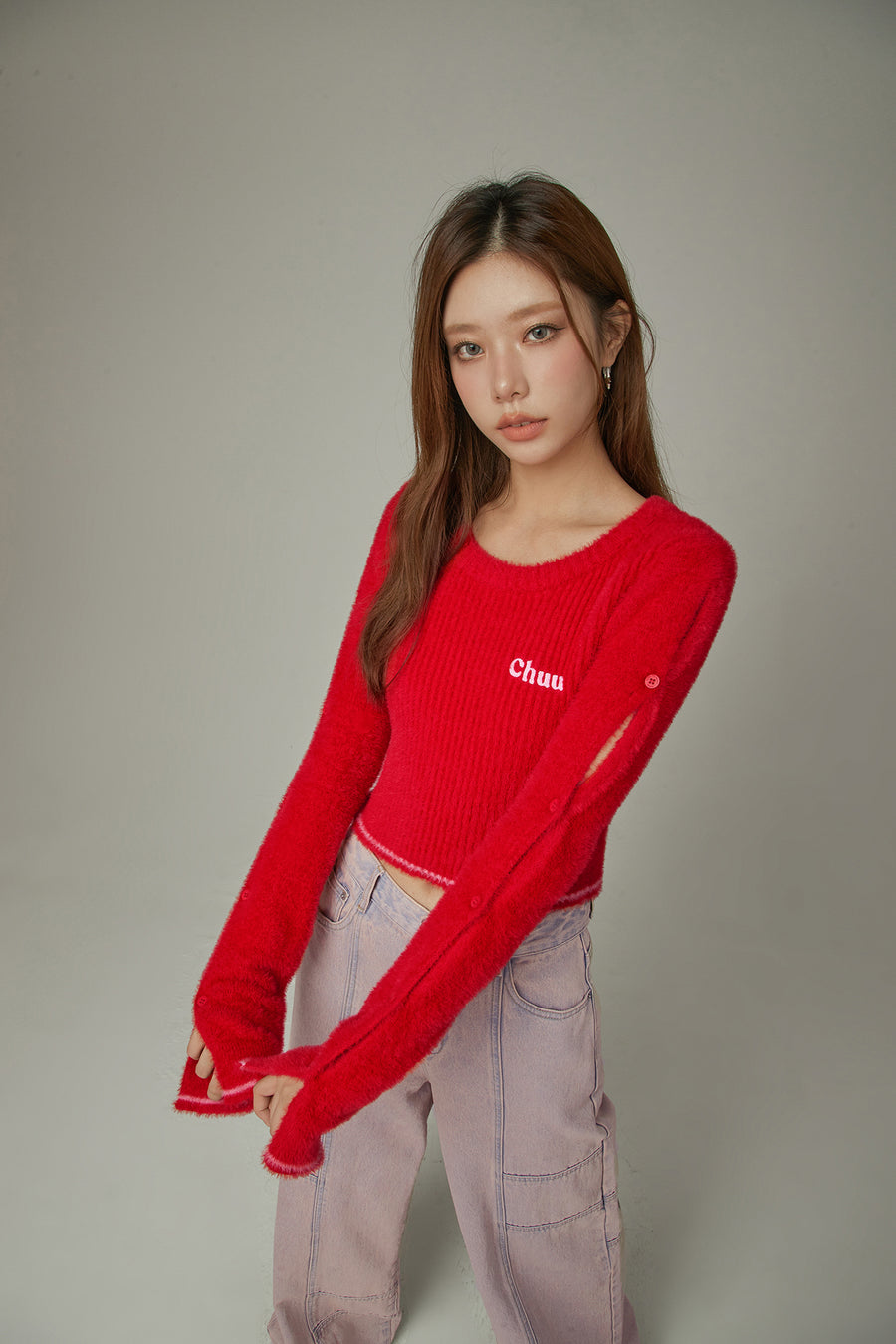 CHUU Slit Sleeves Button Crop Knit Sweater