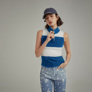 Half Zip-Up Color Stripe Sleeveless Top