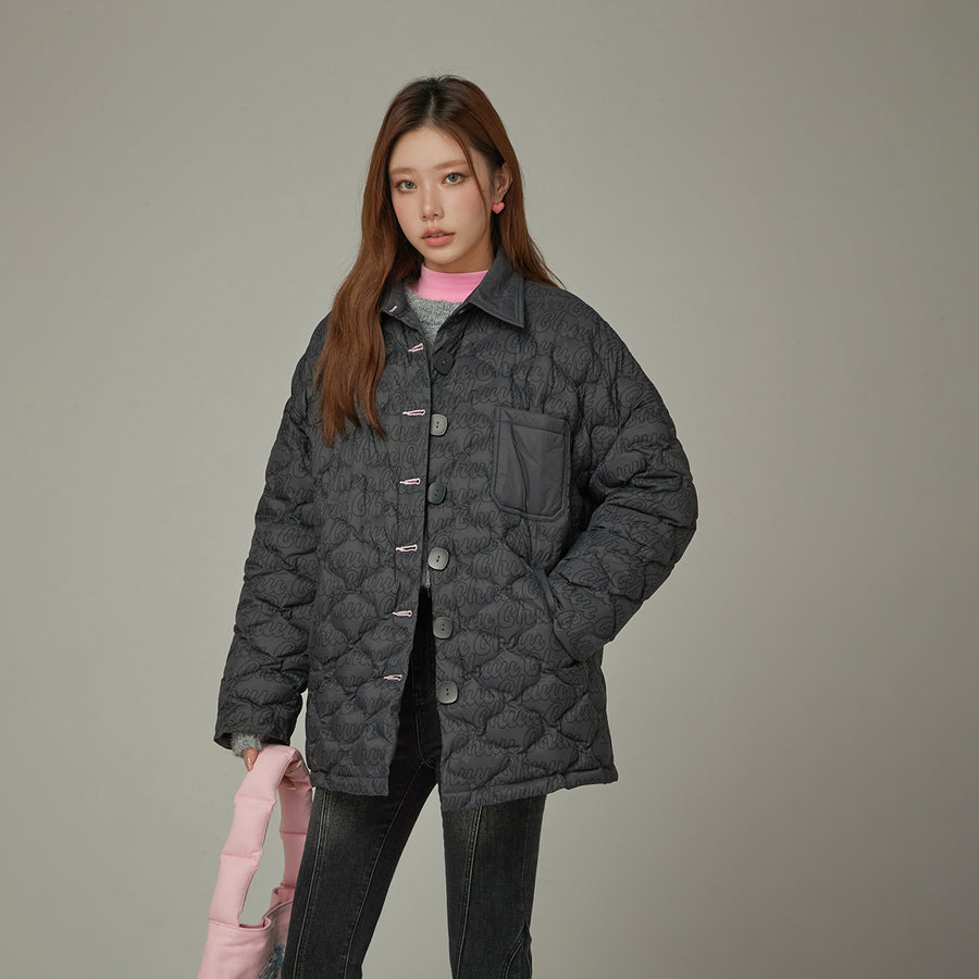 CHUU Lettering Quilted Padded Button Jacket