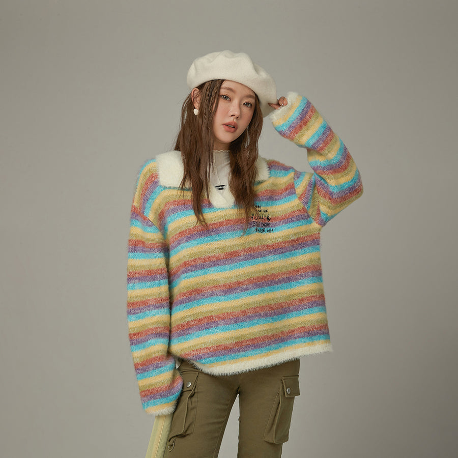 CHUU Collar Rainbow Stripe Knit Sweater