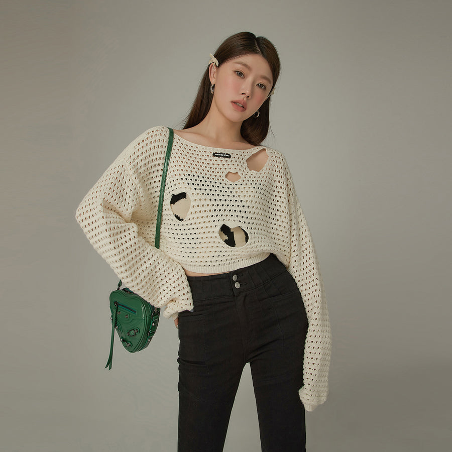 CHUU Heart Cutout Long Sleeve Crop Knit Sweater