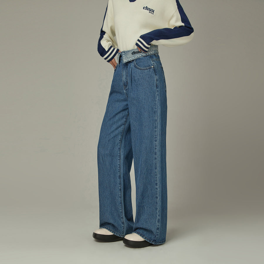 CHUU Logo Folded Waist Straight Denim Jeans