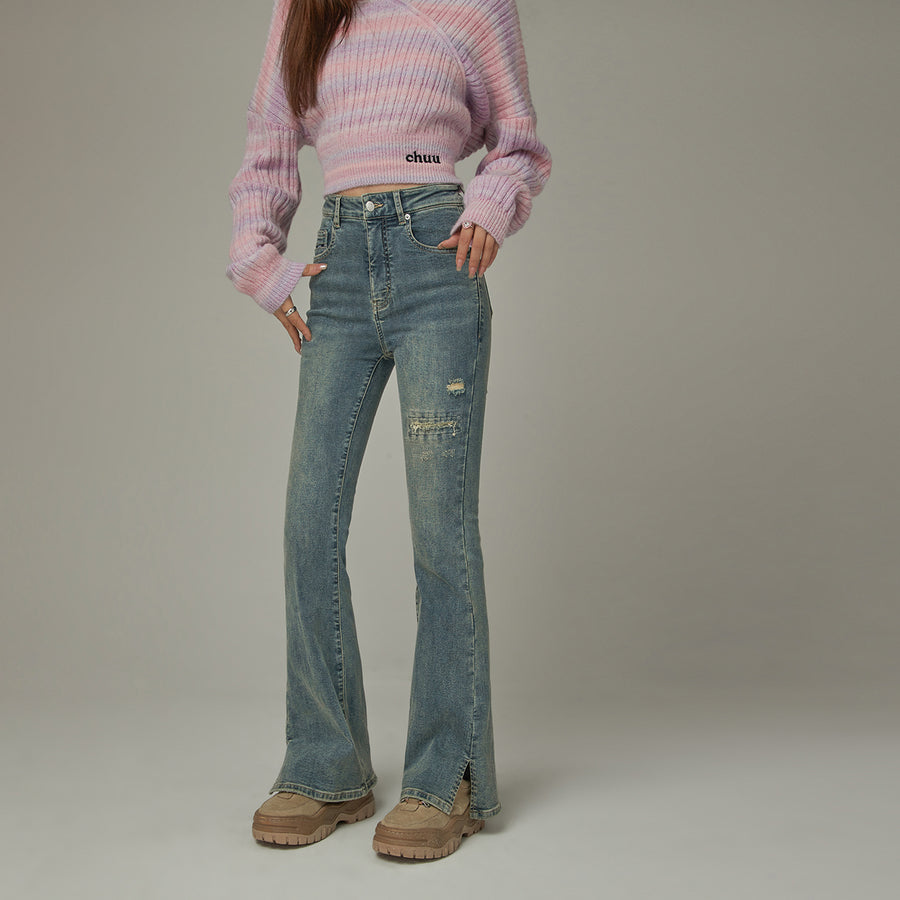 CHUU Washed Ripped Bootcut Denim Jeans